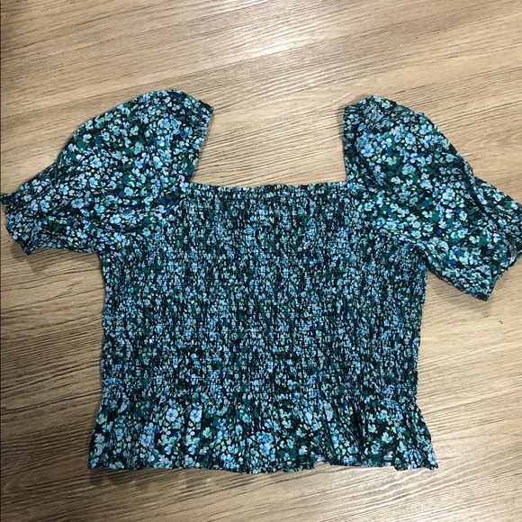 J. Crew Blue and Green Floral Puff Sleeve Blouse L - Picture 3 of 4